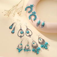 1 Pair Retro Geometric Water Droplets Hollow Out Alloy Turquoise Chandelier Earrings main image 3
