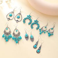 1 Pair Retro Geometric Water Droplets Hollow Out Alloy Turquoise Chandelier Earrings main image 4