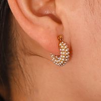 1 Pair Fashion Geometric Inlay Stainless Steel Artificial Pearls 18k Gold Plated Earrings main image 3