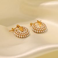1 Pair Fashion Geometric Inlay Stainless Steel Artificial Pearls 18k Gold Plated Earrings main image 4