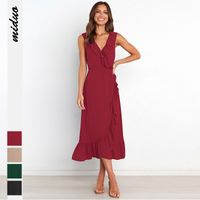 Elegant Solid Color V Neck Sleeveless Ruffles Viscose Fiber Midi Dress Regular Dress main image 1