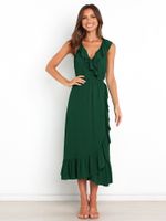 Elegant Solid Color V Neck Sleeveless Ruffles Viscose Fiber Midi Dress Regular Dress sku image 13