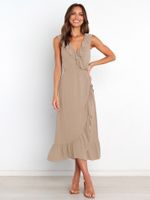 Elegant Solid Color V Neck Sleeveless Ruffles Viscose Fiber Midi Dress Regular Dress sku image 5