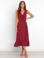 Elegant Solid Color V Neck Sleeveless Ruffles Viscose Fiber Midi Dress Regular Dress sku image 11