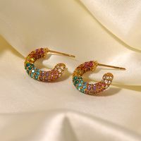 1 Pair Simple Style C Shape Inlay Stainless Steel Rhinestones 18k Gold Plated Ear Studs main image 3