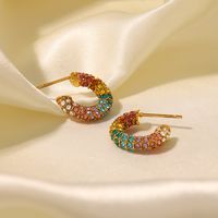 1 Pair Simple Style C Shape Inlay Stainless Steel Rhinestones 18k Gold Plated Ear Studs main image 1