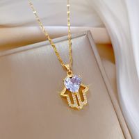 Fashion Palm Heart Shape Stainless Steel Copper Plating Inlay Artificial Diamond Pendant Necklace 1 Piece main image 4