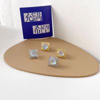 Retro Square Copper Inlay Artificial Gemstones Ear Studs 1 Pair main image 2