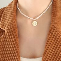 French Style Letter Pearl Titanium Steel Plating Inlay Shell Pendant Necklace 1 Piece sku image 15