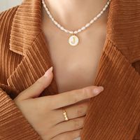 French Style Letter Pearl Titanium Steel Plating Inlay Shell Pendant Necklace 1 Piece sku image 10