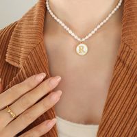 French Style Letter Pearl Titanium Steel Plating Inlay Shell Pendant Necklace 1 Piece sku image 18