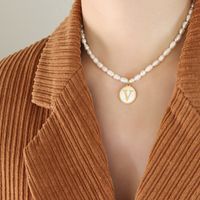French Style Letter Pearl Titanium Steel Plating Inlay Shell Pendant Necklace 1 Piece sku image 22