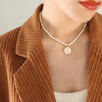 French Style Letter Pearl Titanium Steel Plating Inlay Shell Pendant Necklace 1 Piece sku image 16