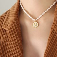 French Style Letter Pearl Titanium Steel Plating Inlay Shell Pendant Necklace 1 Piece sku image 13