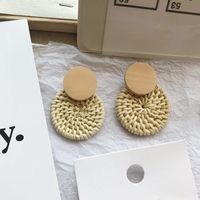 1 Pair Retro Plaid Water Droplets Wood Straw Women's Earrings sku image 3