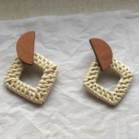 1 Pair Retro Plaid Water Droplets Wood Straw Women's Earrings sku image 10