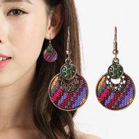 1 Pair Ethnic Style Round Cloth Metal Plating Inlay Artificial Gemstones Women's Drop Earrings main image 1