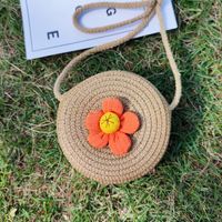 Kid's Straw Flower Cute Weave Round Zipper Crossbody Bag sku image 13