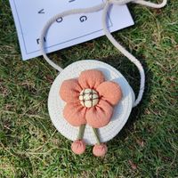 Kid's Straw Flower Cute Weave Round Zipper Crossbody Bag sku image 17