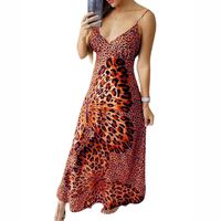 Frau Trägerkleid Strassenmode V-ausschnitt Drucken Ärmellos Schmetterling Leopard Maxi Langes Kleid Täglich main image 2