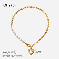 Fashion Heart Shape Stainless Steel Inlay Artificial Pearls Necklace sku image 1