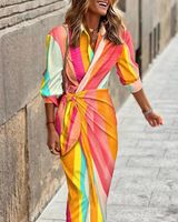 Women's Irregular Skirt Fashion Turndown Printing Long Sleeve Stripe Flower Maxi Long Dress Daily main image 4