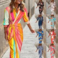 Women's Irregular Skirt Fashion Turndown Printing Long Sleeve Stripe Flower Maxi Long Dress Daily main image 1