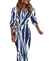 Women's Irregular Skirt Fashion Turndown Printing Long Sleeve Stripe Flower Maxi Long Dress Daily main image 5