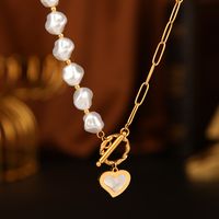 Retro Heart Shape Stainless Steel Inlay Shell 18k Gold Plated Necklace main image 2
