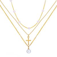 Retro Cross Palm Butterfly Alloy Inlay Artificial Pearls Rhinestones 14k Gold Plated Women's Layered Necklaces sku image 5