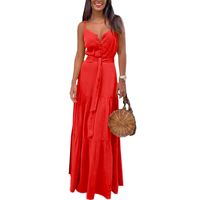 Women's Strap Dress Ruffled Skirt Elegant V Neck Belt Sleeveless Solid Color Maxi Long Dress Daily main image 3
