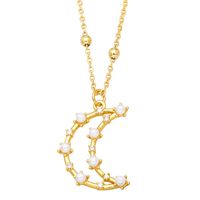Simple Style Star Moon Rectangle Copper Plating Hollow Out Artificial Pearls Zircon Pendant Necklace 1 Piece sku image 1