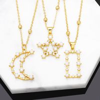 Simple Style Star Moon Rectangle Copper Plating Hollow Out Artificial Pearls Zircon Pendant Necklace 1 Piece main image 1