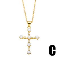 Fashion Cross Copper Plating Artificial Pearls Zircon Pendant Necklace 1 Piece sku image 3