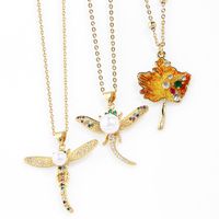 Simple Style Maple Leaf Dragonfly Copper Plating Artificial Pearls Zircon Pendant Necklace 1 Piece main image 1