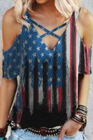 Frau T-shirt Kurzarm T-shirts Drucken Lässig Sonnenblume Streifen Amerikanische Flagge main image 4
