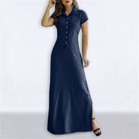 Women's Denim Dress Casual Turndown Patchwork Short Sleeve Solid Color Maxi Long Dress Daily main image 5