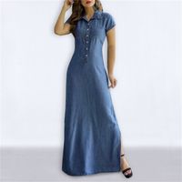 Women's Denim Dress Casual Turndown Patchwork Short Sleeve Solid Color Maxi Long Dress Daily main image 2