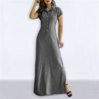 Frau Denim-kleid Lässig Ablehnen Patchwork Kurzarm Einfarbig Maxi Langes Kleid Täglich main image 4