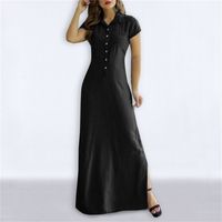 Women's Denim Dress Casual Turndown Patchwork Short Sleeve Solid Color Maxi Long Dress Daily main image 3