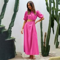 Women's A-line Skirt Fashion Round Neck Patchwork Short Sleeve Solid Color Maxi Long Dress Daily sku image 10