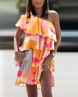 Fashion Color Block Flower Off Shoulder Sleeveless Printing Ruffles Polyester Knee-length Regular Dress main image 4