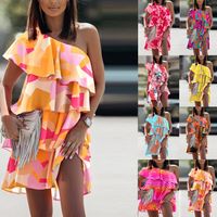 Fashion Color Block Flower Off Shoulder Sleeveless Printing Ruffles Polyester Knee-length Regular Dress main image 1