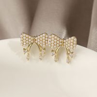 1 Paire Mode Forme De Cœur Noeud D'arc Métal Incruster Perles Artificielles Strass Femmes Boucles D'oreilles sku image 4
