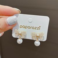 1 Paire Mode Forme De Cœur Noeud D'arc Métal Incruster Perles Artificielles Strass Femmes Boucles D'oreilles sku image 8