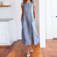 Women's Straight Skirt Casual Round Neck Printing Pocket Sleeveless Stripe Solid Color Midi Dress Daily main image 4