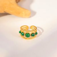 Retro Round Stainless Steel Plating Hollow Out Inlay Malachite Open Ring 1 Piece main image 1