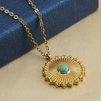 Retro Round Stainless Steel Inlay Turquoise Pendant Necklace 1 Piece main image 1