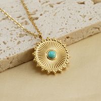 Retro Round Stainless Steel Inlay Turquoise Pendant Necklace 1 Piece main image 4