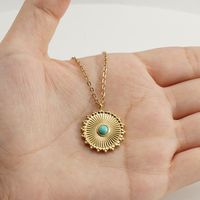 Retro Round Stainless Steel Inlay Turquoise Pendant Necklace 1 Piece main image 2